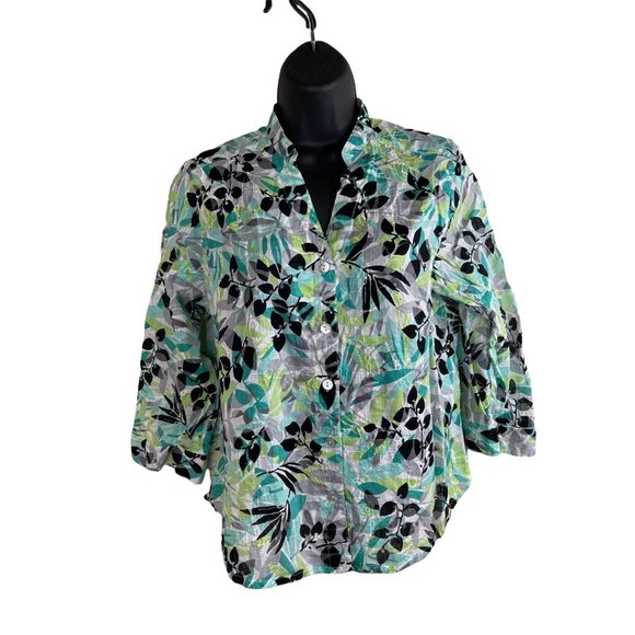 Alfred Dunner Blouse Women Size 12P Petite 12 Green Blue Semi Sheer Button Top - Picture 1 of 8